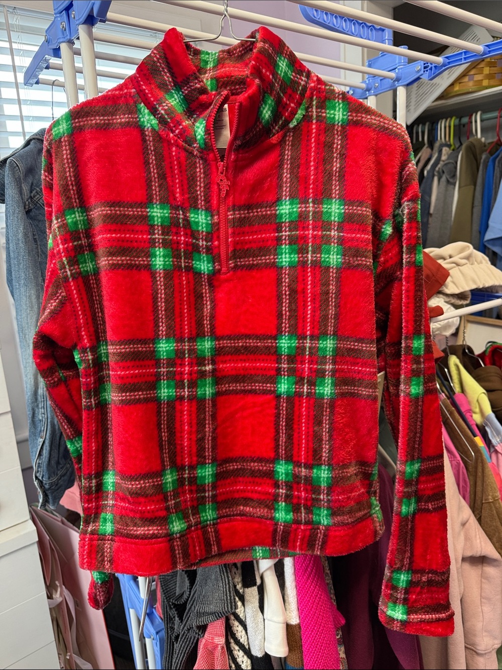 No Boundaries Red & Green Plaid Fuzzy Zip Jacket
